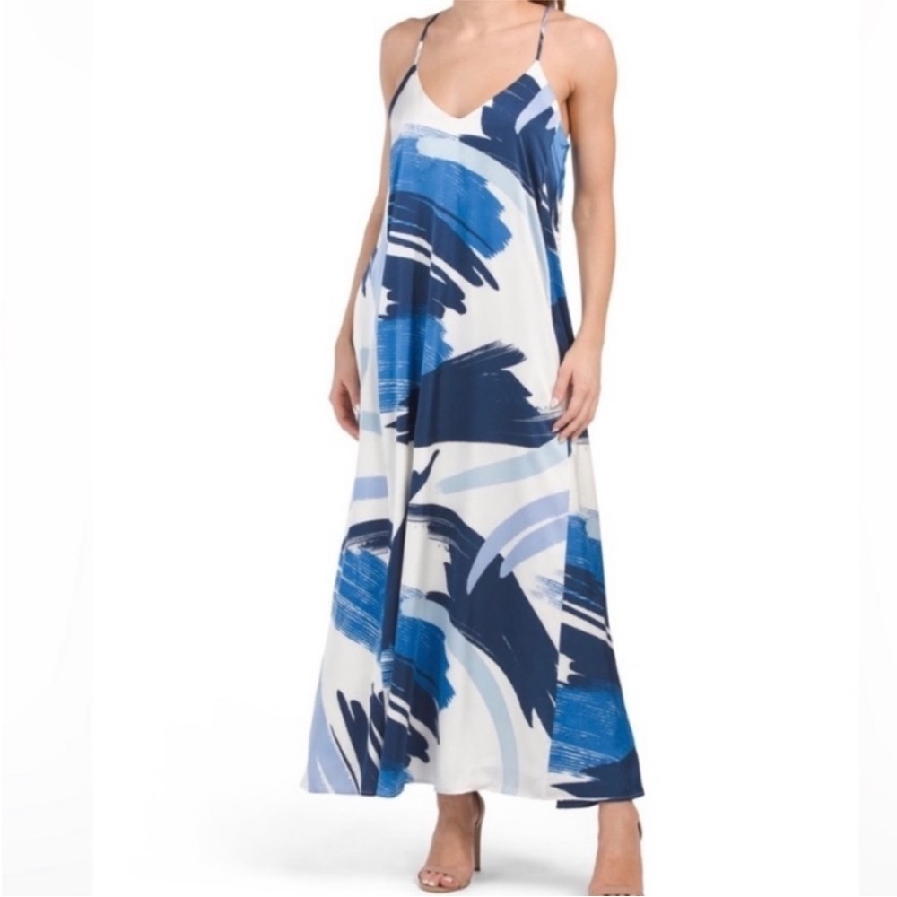 Nicole Miller White & Blue Abstract Print Maxi Slip Dress Women's Size Small